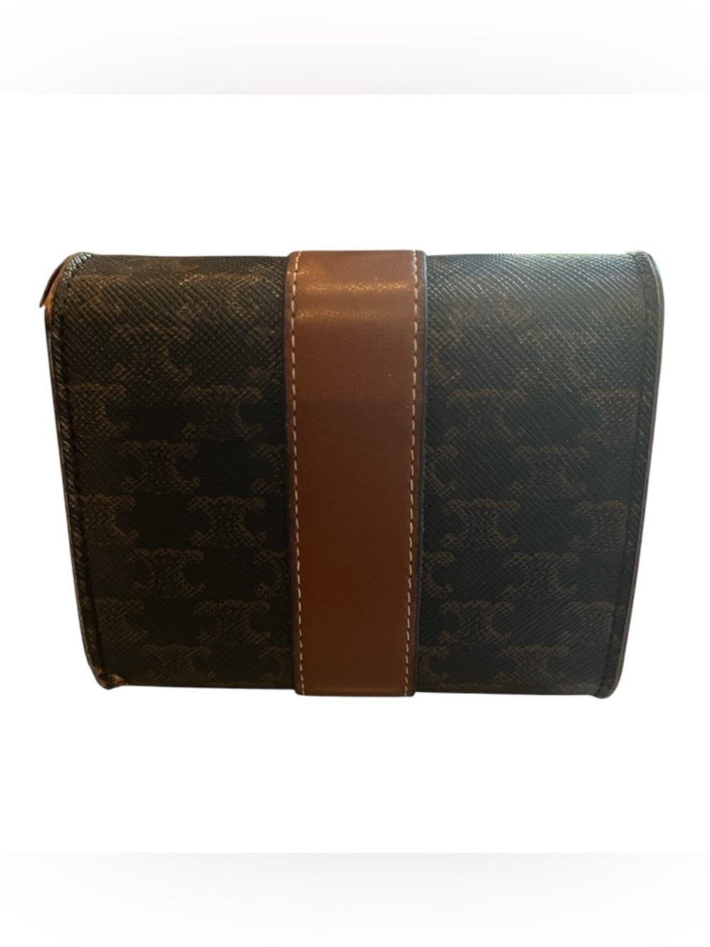 Celine Vintage Macadam Tri Fold Wallet Brown Canvas Leather Snap Coin - Picture 2 of 8